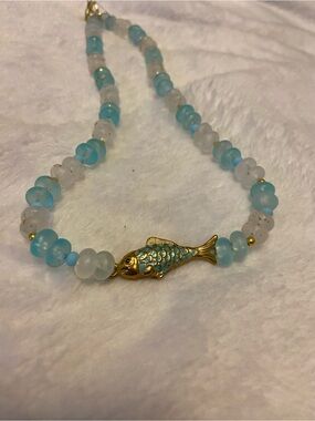 Handmade Gold Fish Pendant Beaded Necklace - Aqua & Frosted White
